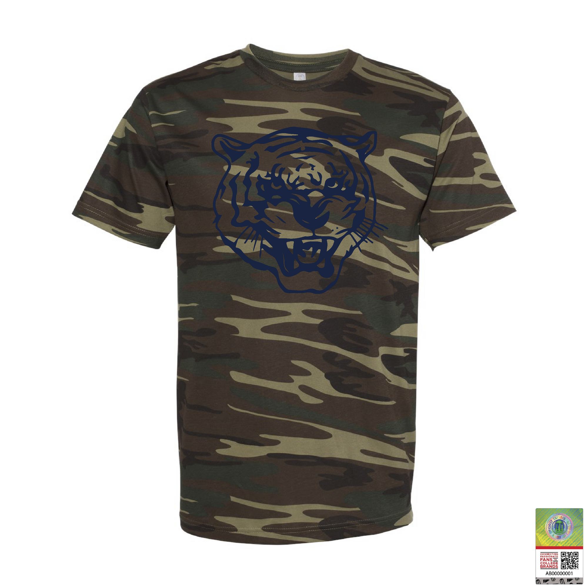 Dark green camo unisex crewneck T-shirt with blue tiger head logo on chest