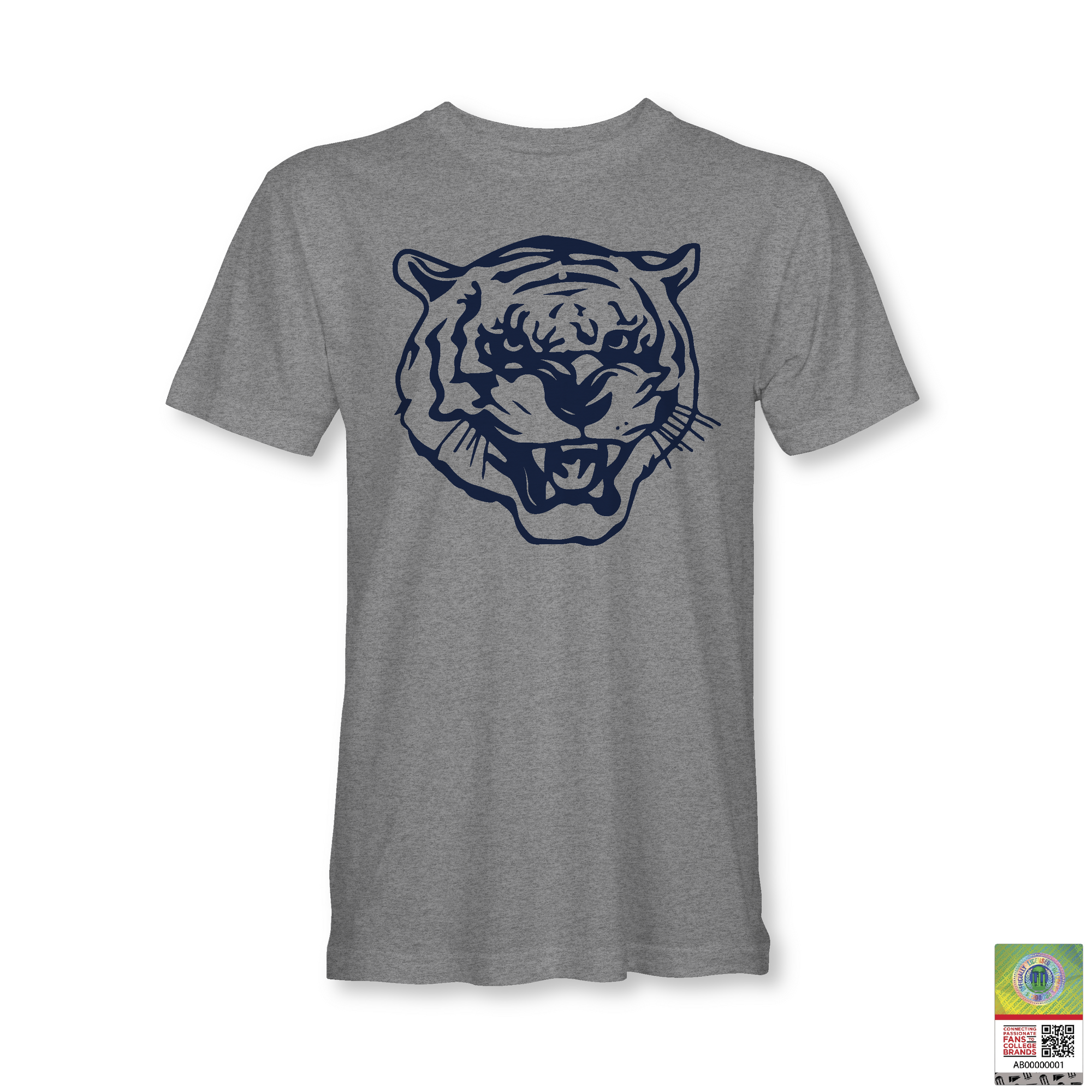 Athletic heather gray unisex crewneck T-shirt with blue tiger head logo on chest