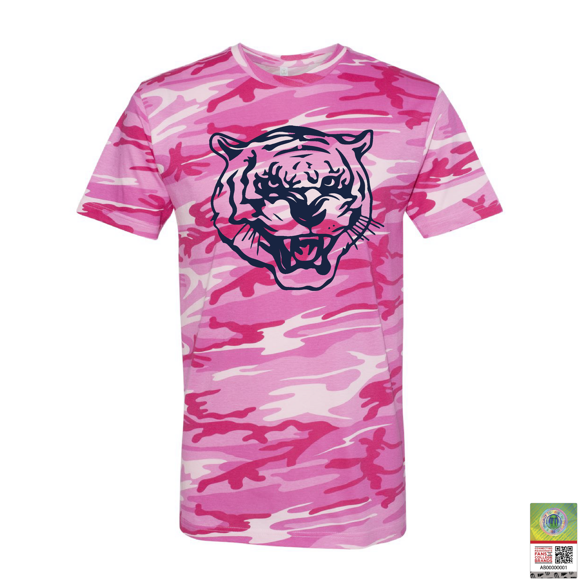 Pink camo unisex crewneck T-shirt with blue tiger head logo on chest
