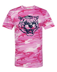 Pink camo unisex crewneck T-shirt with blue tiger head logo on chest