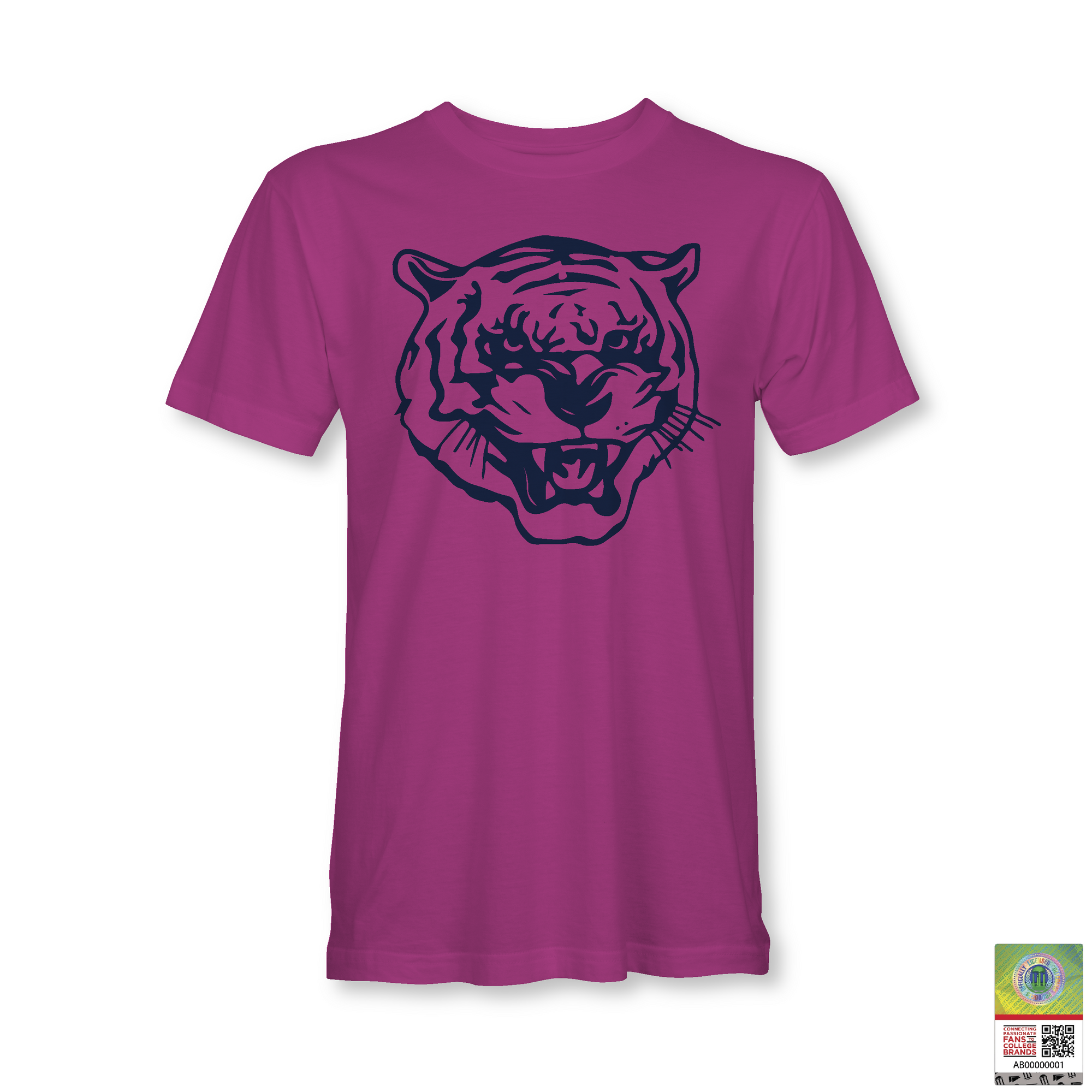Berry/purple unisex crewneck T-shirt with blue tiger head logo on chest