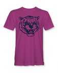 Berry/purple unisex crewneck T-shirt with blue tiger head logo on chest