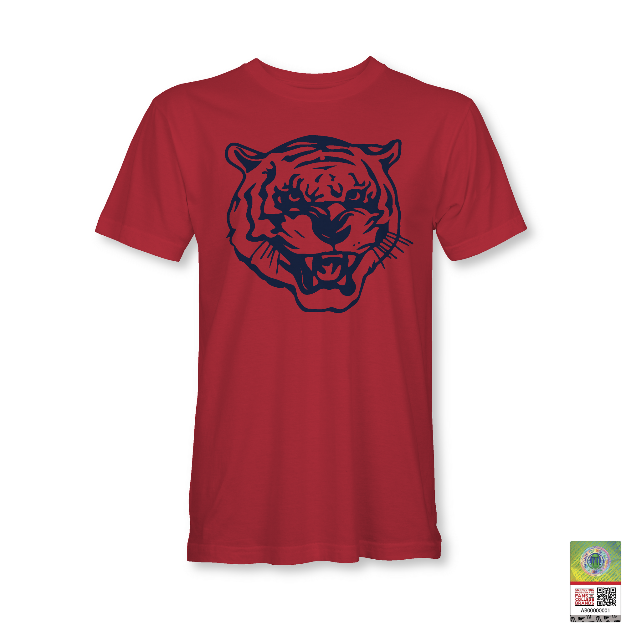 Red unisex crewneck T-shirt with blue tiger head logo on chest