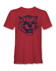 Red unisex crewneck T-shirt with blue tiger head logo on chest