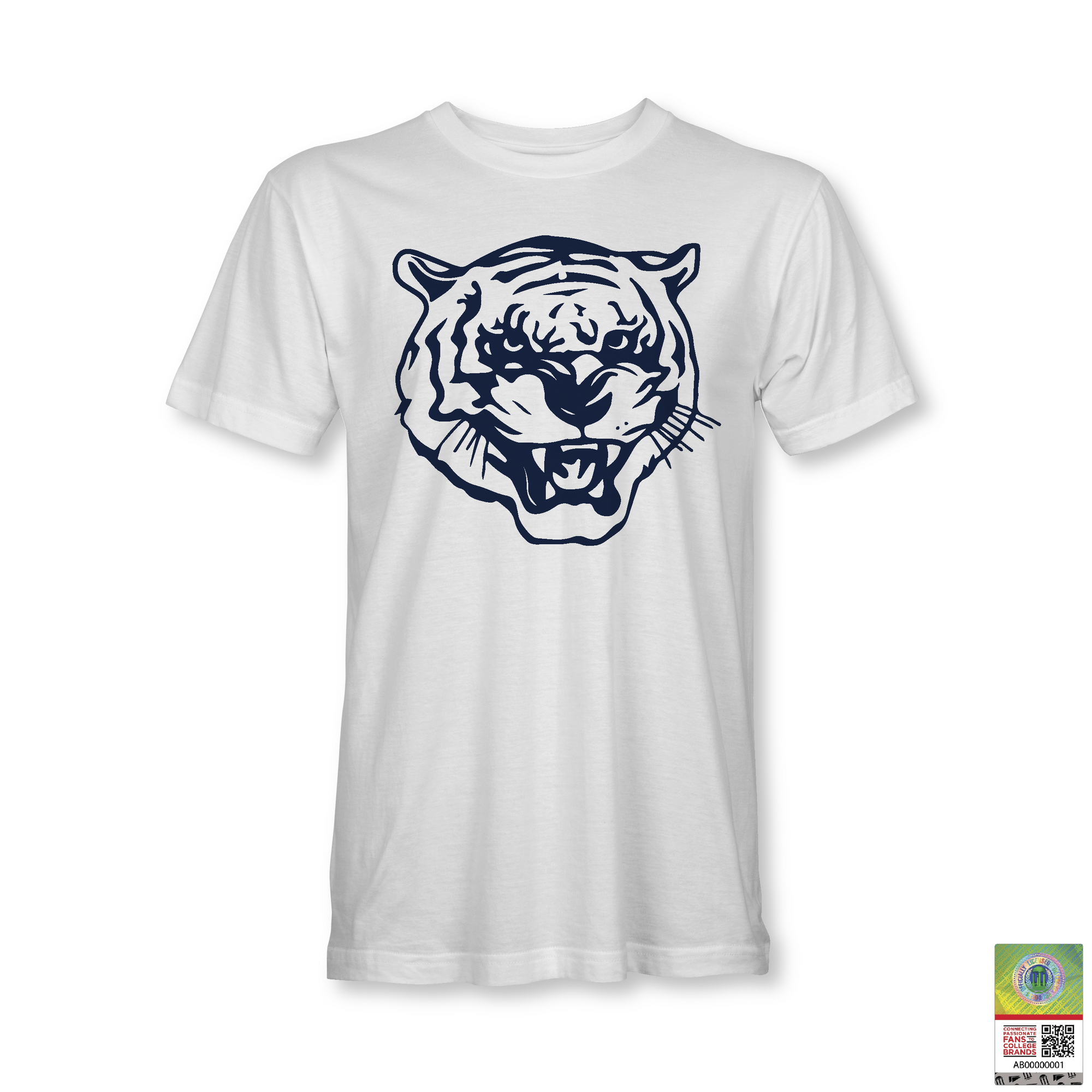 White unisex crewneck T-shirt with blue tiger head logo graphic on chest