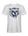 White unisex crewneck T-shirt with blue tiger head logo graphic on chest