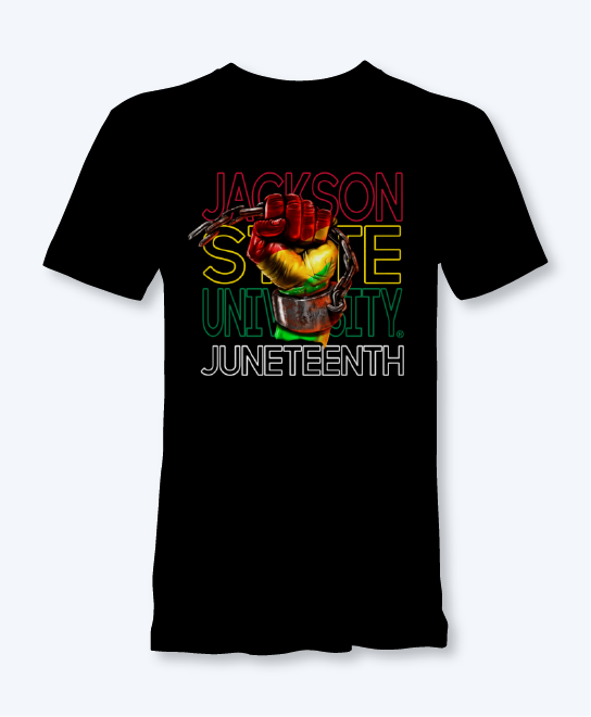 Black crewneck short-sleeve T-shirt with “Jackson State University” and “Juneteenth” print