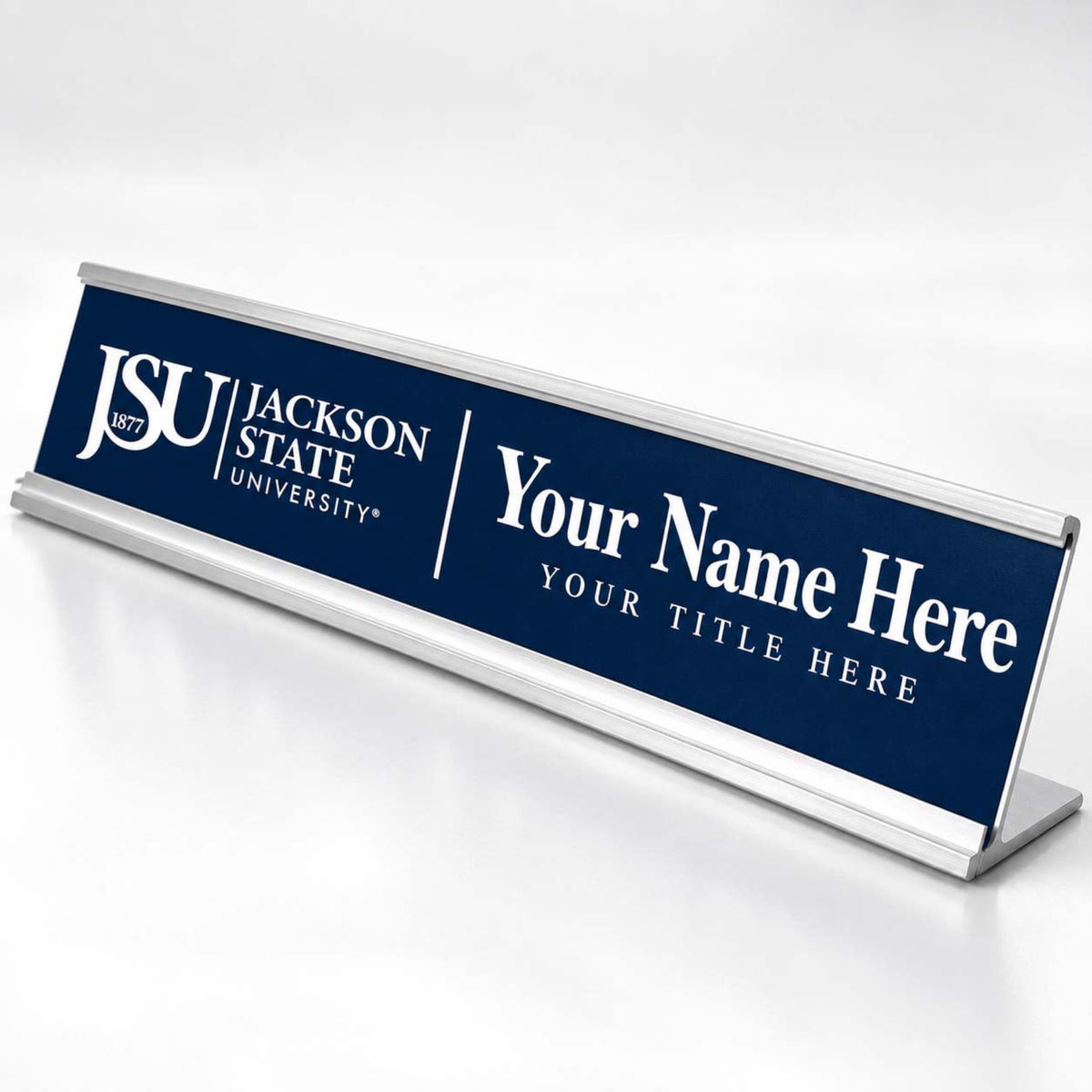A custom Jacksonville State University name sign with a navy blue face, silver metal frame, and white text placeholders for a name and title, shown on a clean white background.
