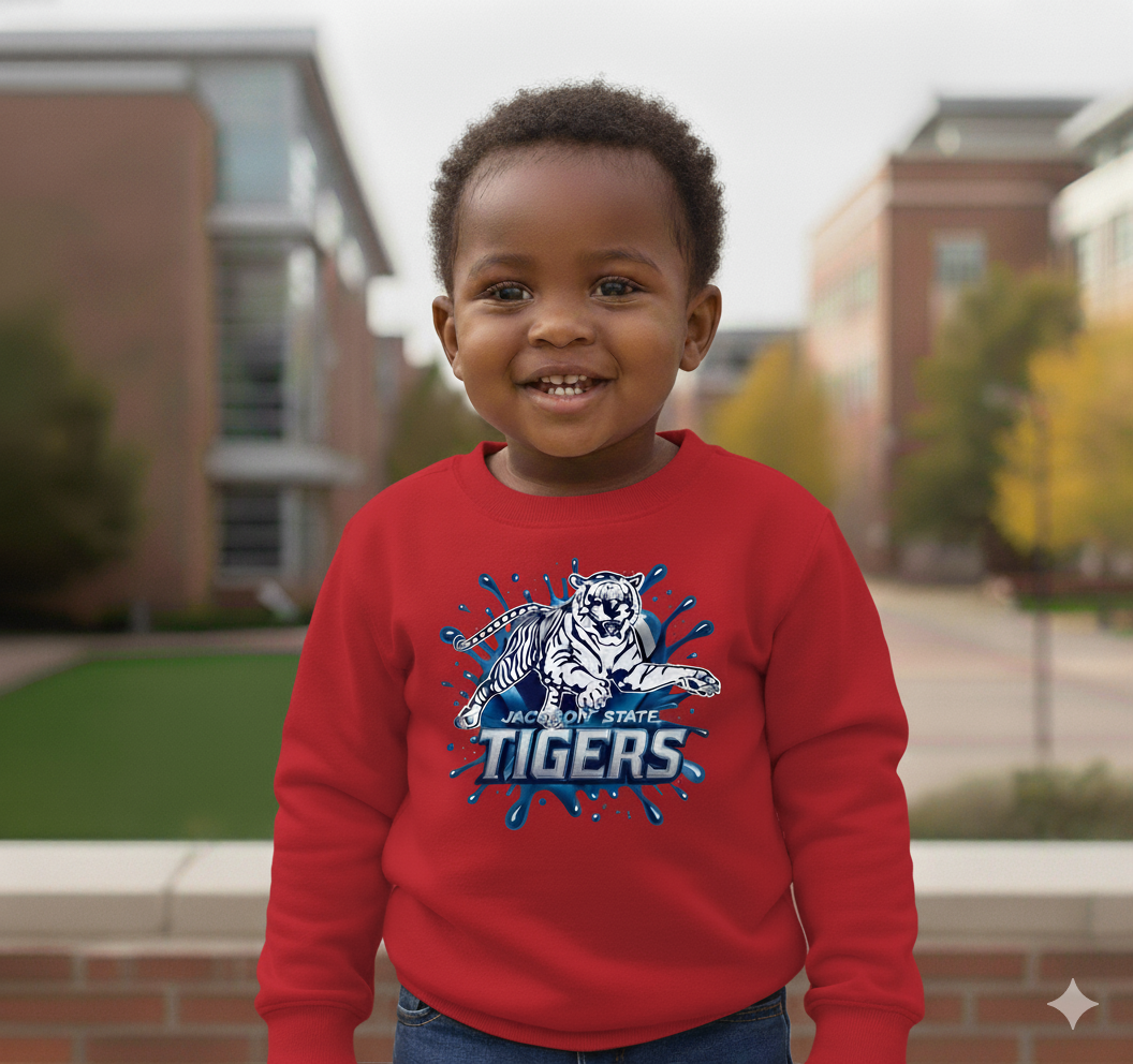 Child wearing a Jackson State Blue Blitz design on a red sweatshirt standing outdoors.