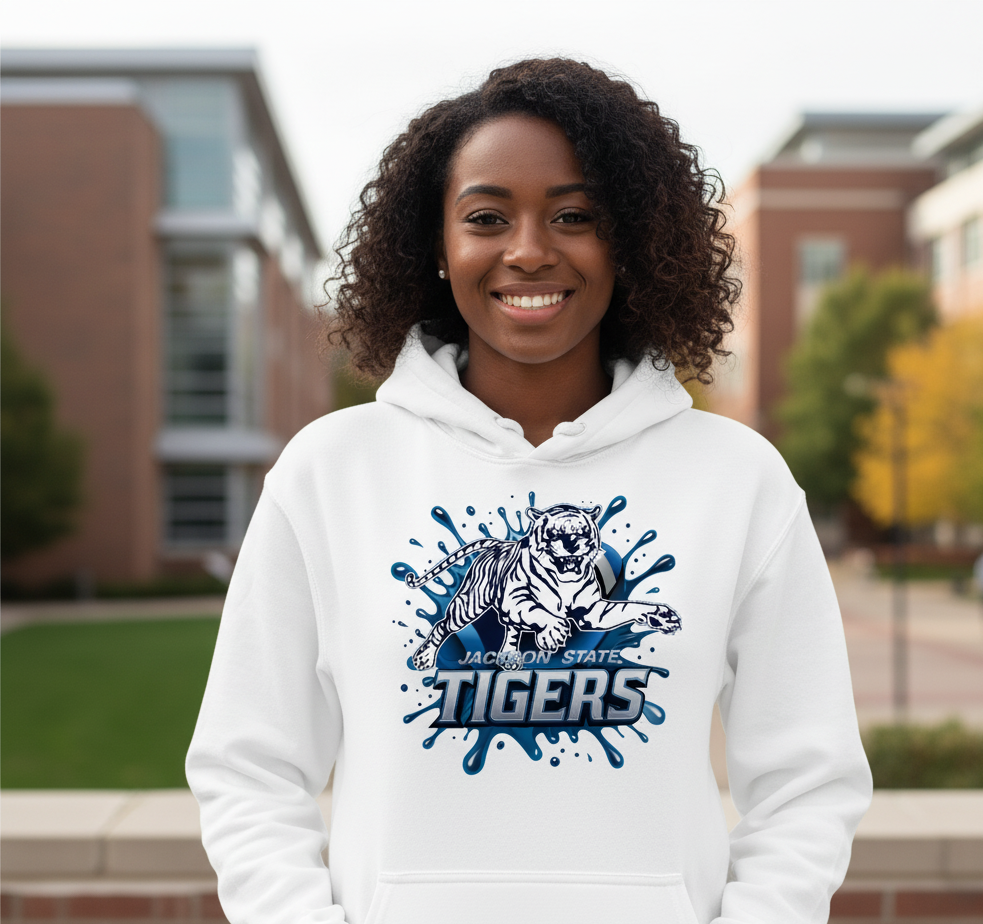 Black woman wearing a white hoodie with a Jackson State Tigers Blue Blitz design standing outdoors.