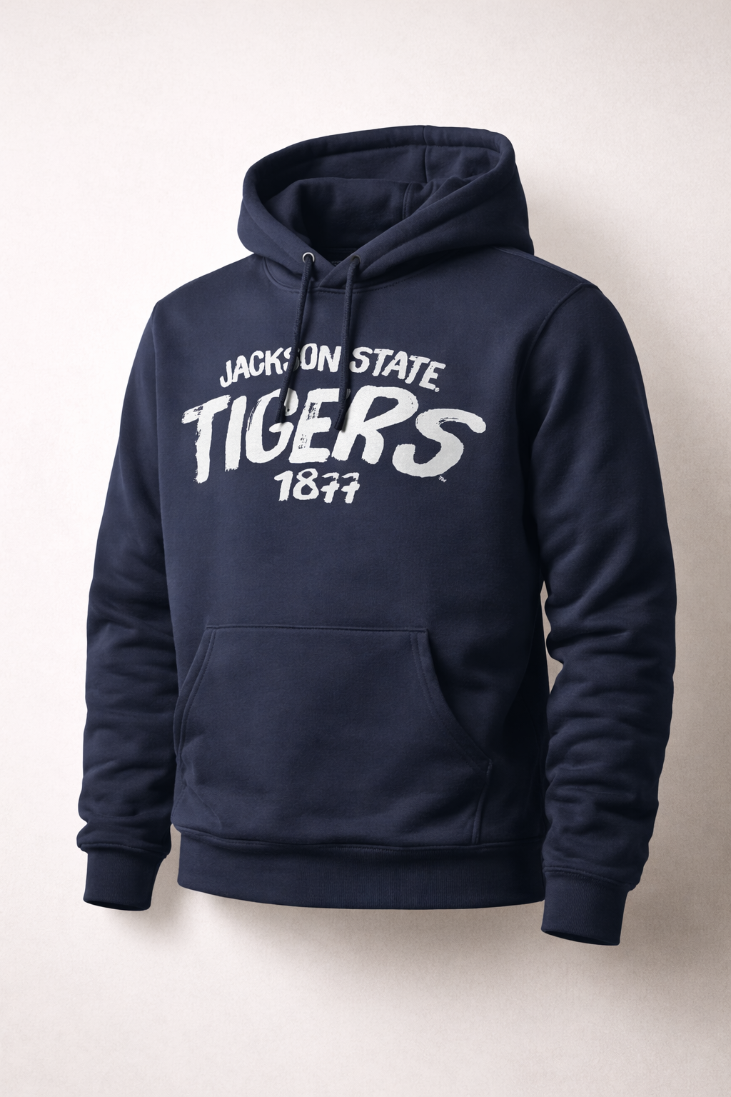 Navy blue hoodie with 'Jackson State Tigers 1877' text on a light gray background