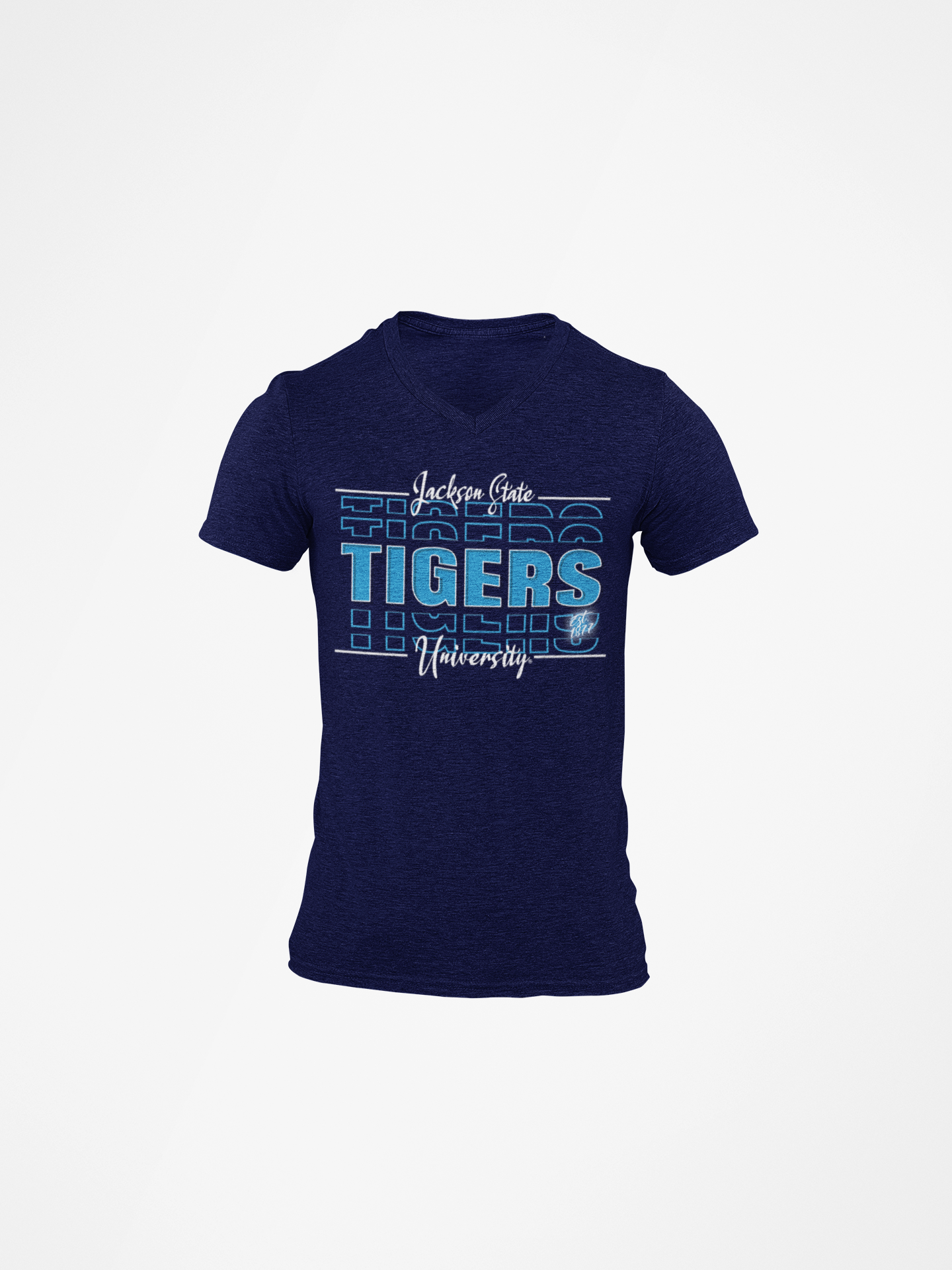 Navy blue v-neck short-sleeve t-shirt with Tigers front graphic