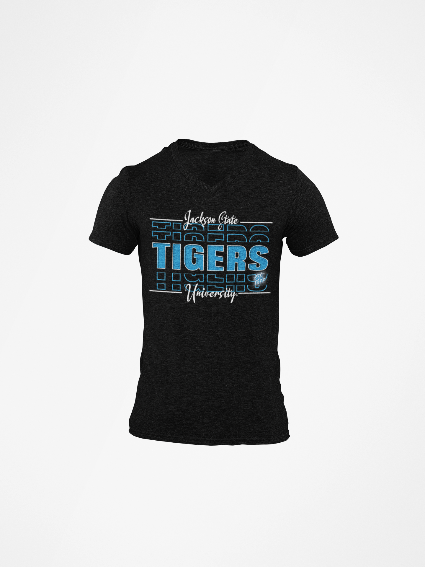 Black v-neck short-sleeve t-shirt with Tigers front graphic