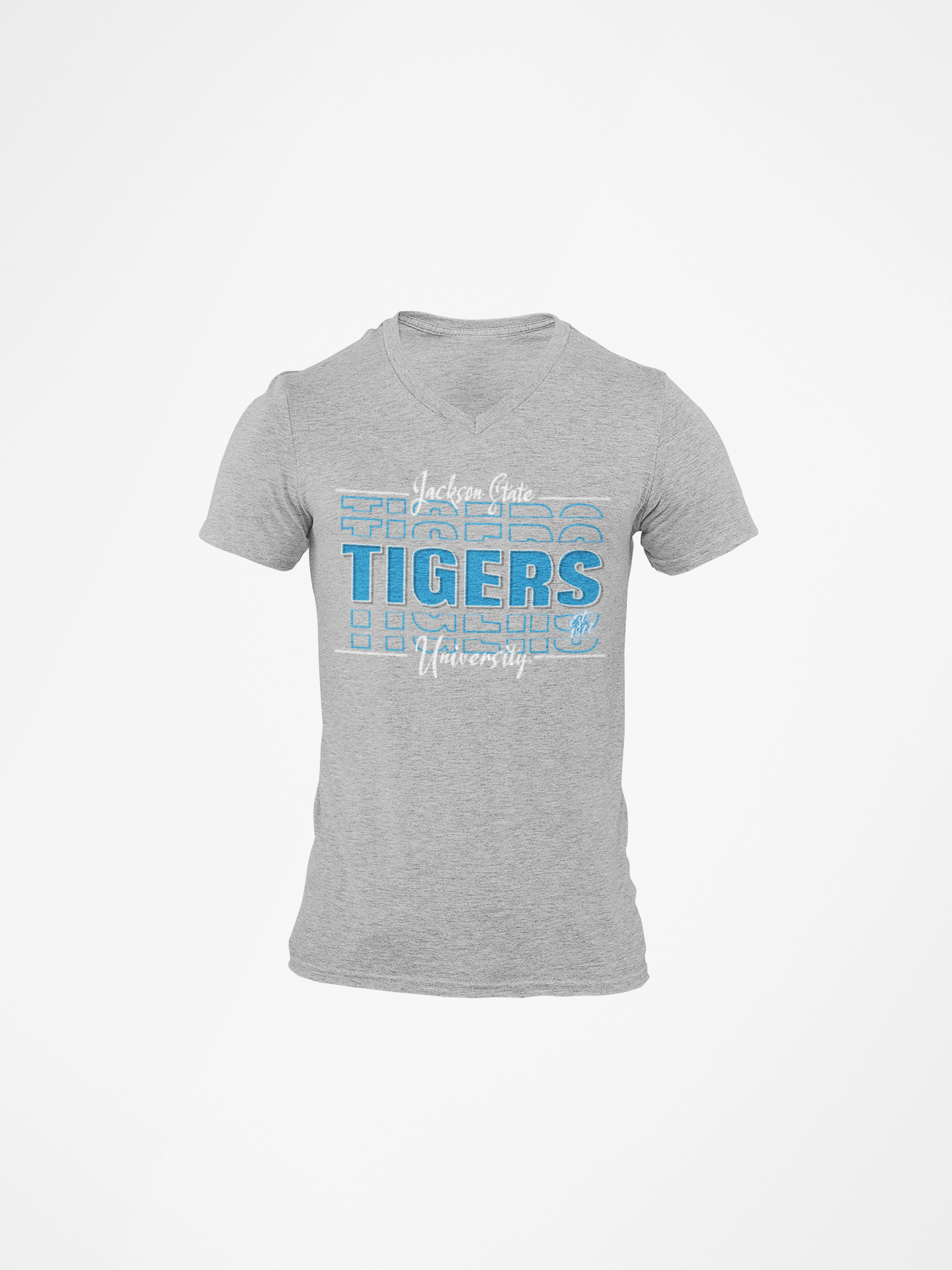 Gray v-neck short-sleeve t-shirt with Tigers front graphic