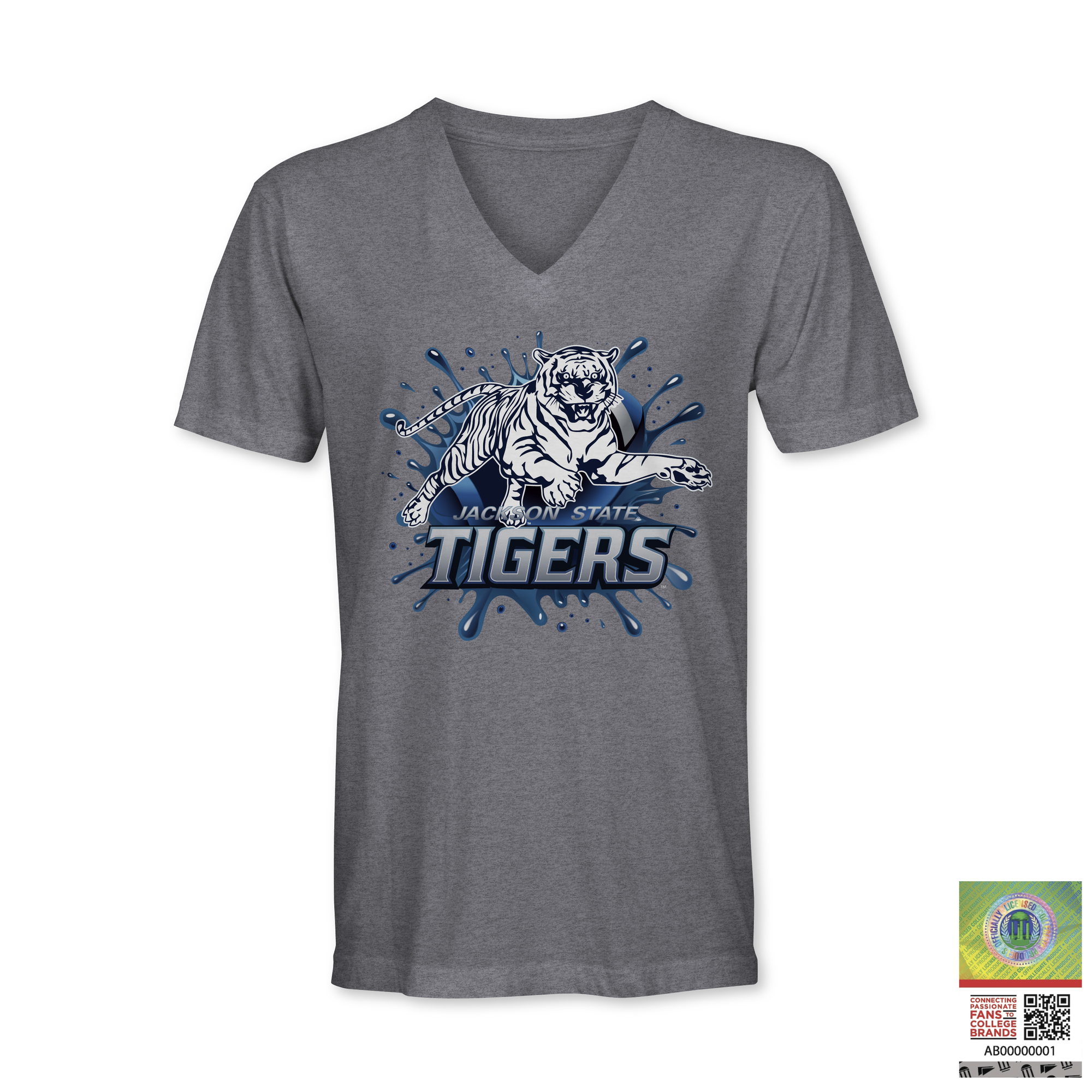 Heather gray V-neck short sleeve T-shirt with blue tiger “TIGERS” logo graphic