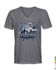 Heather gray V-neck short sleeve T-shirt with blue tiger “TIGERS” logo graphic