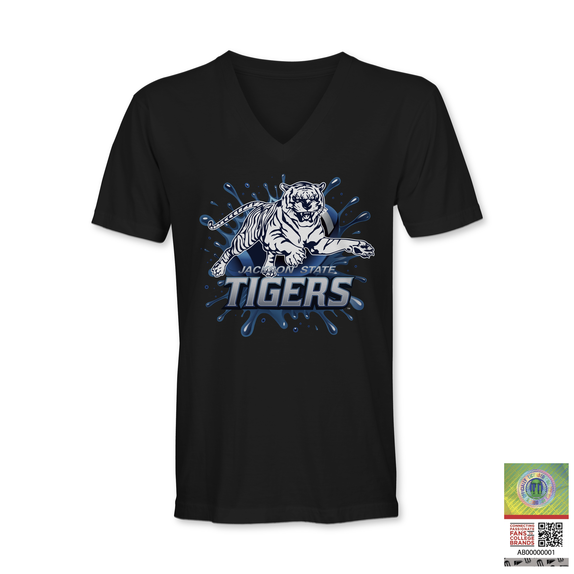 Black V-neck t-shirt with blue tiger logo and Jackson State Tigers graphic