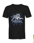 Black V-neck t-shirt with blue tiger logo and Jackson State Tigers graphic