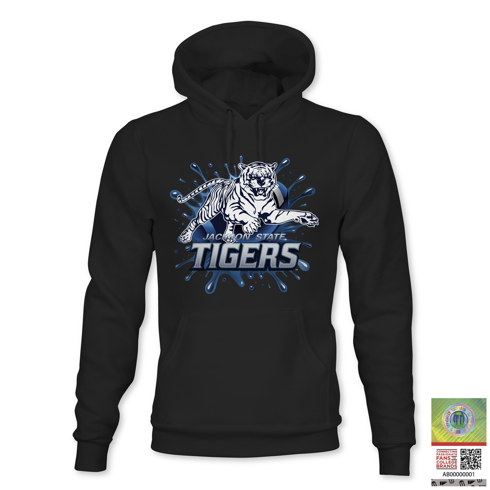 Black pullover hoodie with blue Tigers tiger mascot graphic