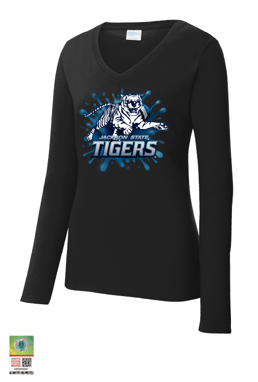 Black long sleeve v-neck T-shirt with blue Tiger logo