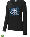 Black long sleeve v-neck T-shirt with blue Tiger logo
