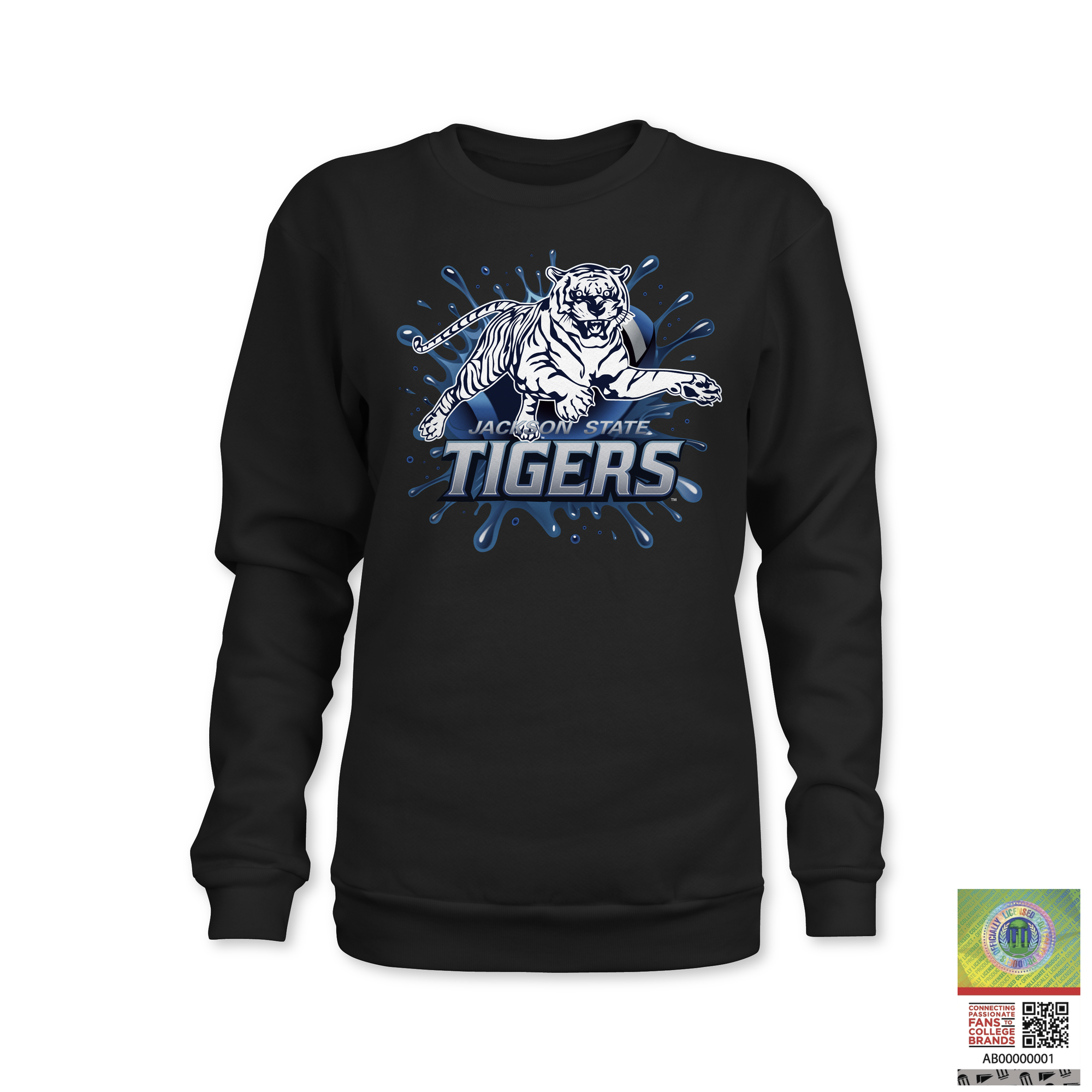 Black crewneck sweatshirt with blue Tigers tiger mascot graphic
