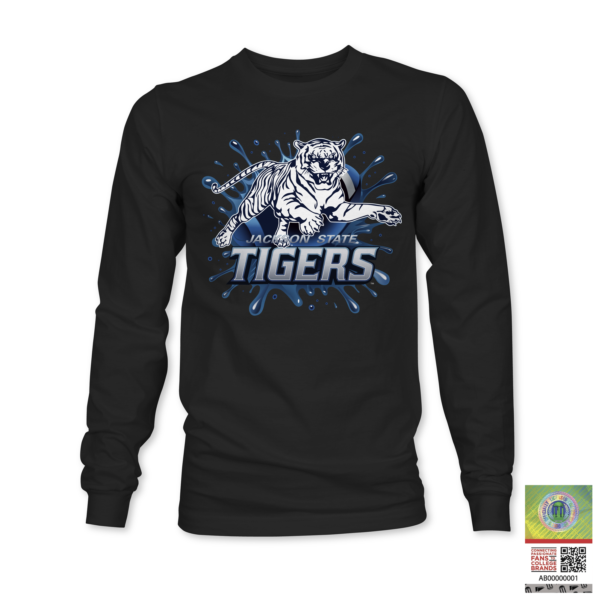 Black long sleeve T-shirt with blue tiger “TIGERS” logo graphic