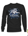 Black long sleeve T-shirt with blue tiger “TIGERS” logo graphic