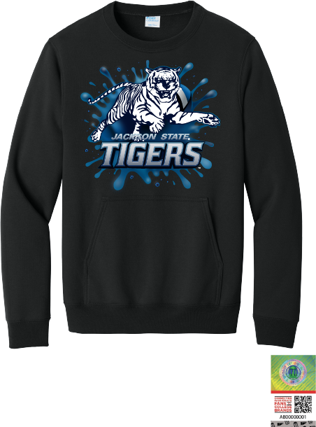 Black crewneck sweatshirt with front pouch pocket and blue Tiger graphic