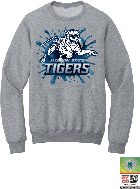 Light gray crewneck sweatshirt with front pouch pocket and blue Tiger graphic