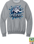 Light gray crewneck sweatshirt with front pouch pocket and blue Tiger graphic