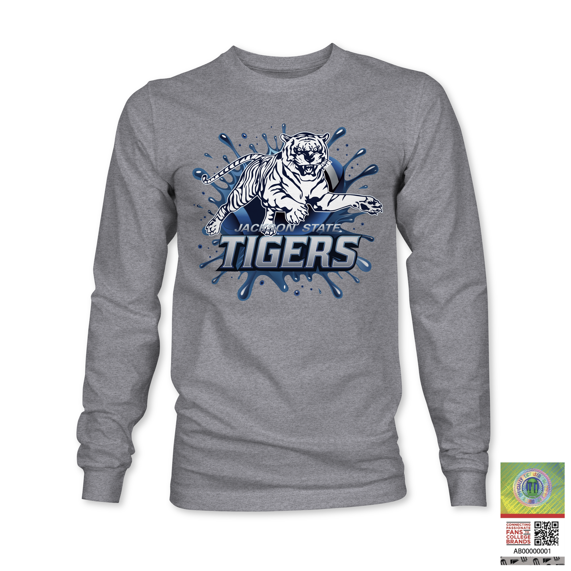 Heather gray long sleeve T-shirt with blue tiger “TIGERS” logo graphic