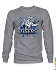 Heather gray long sleeve T-shirt with blue tiger “TIGERS” logo graphic