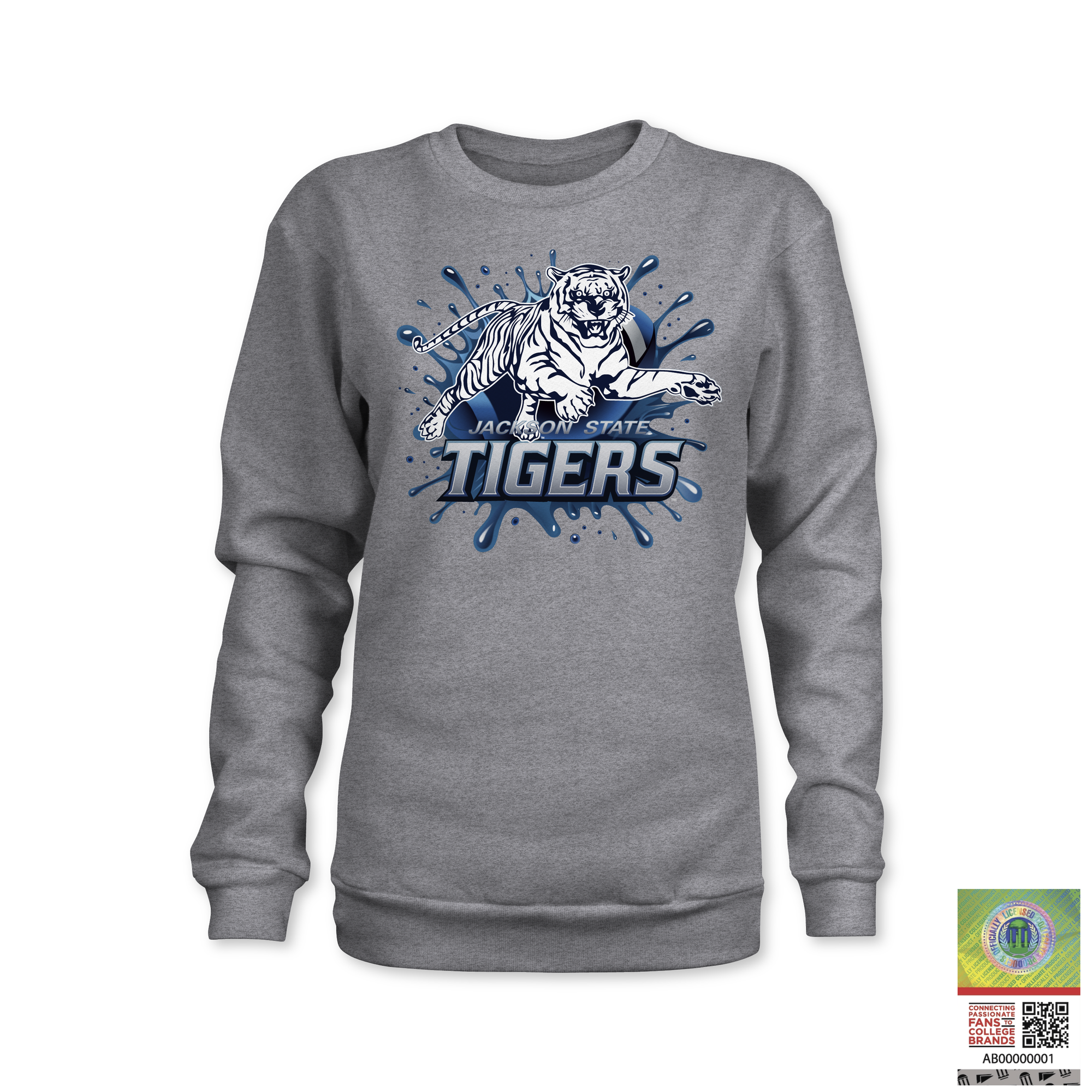Heather gray crewneck sweatshirt with blue Tigers tiger mascot graphic