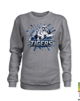 Heather gray crewneck sweatshirt with blue Tigers tiger mascot graphic