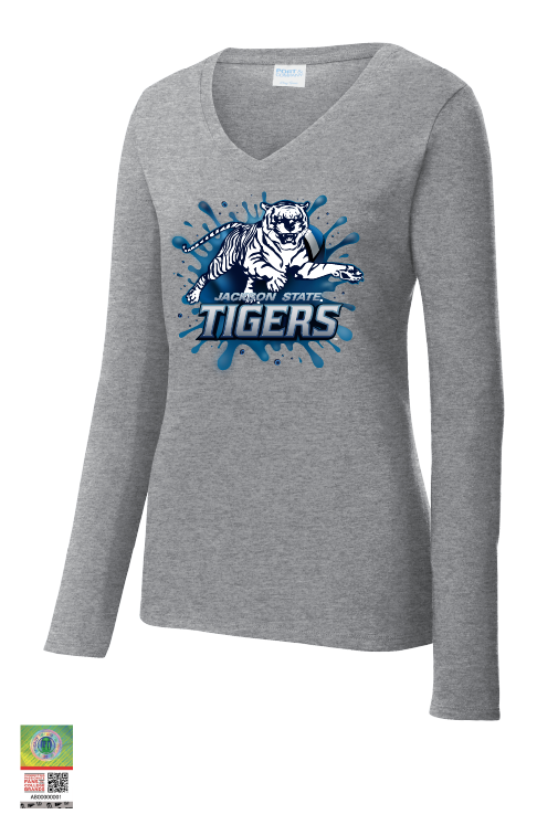 Heather gray Jackson State Tigers long-sleeve V-neck shirt with blue splash logo