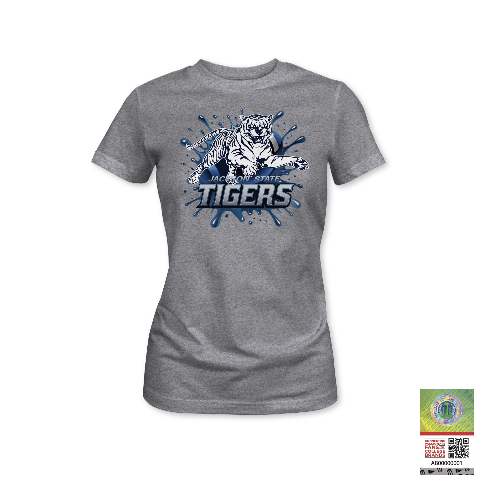 Heather gray Jackson State Tigers short-sleeve T-shirt with blue splash graphic