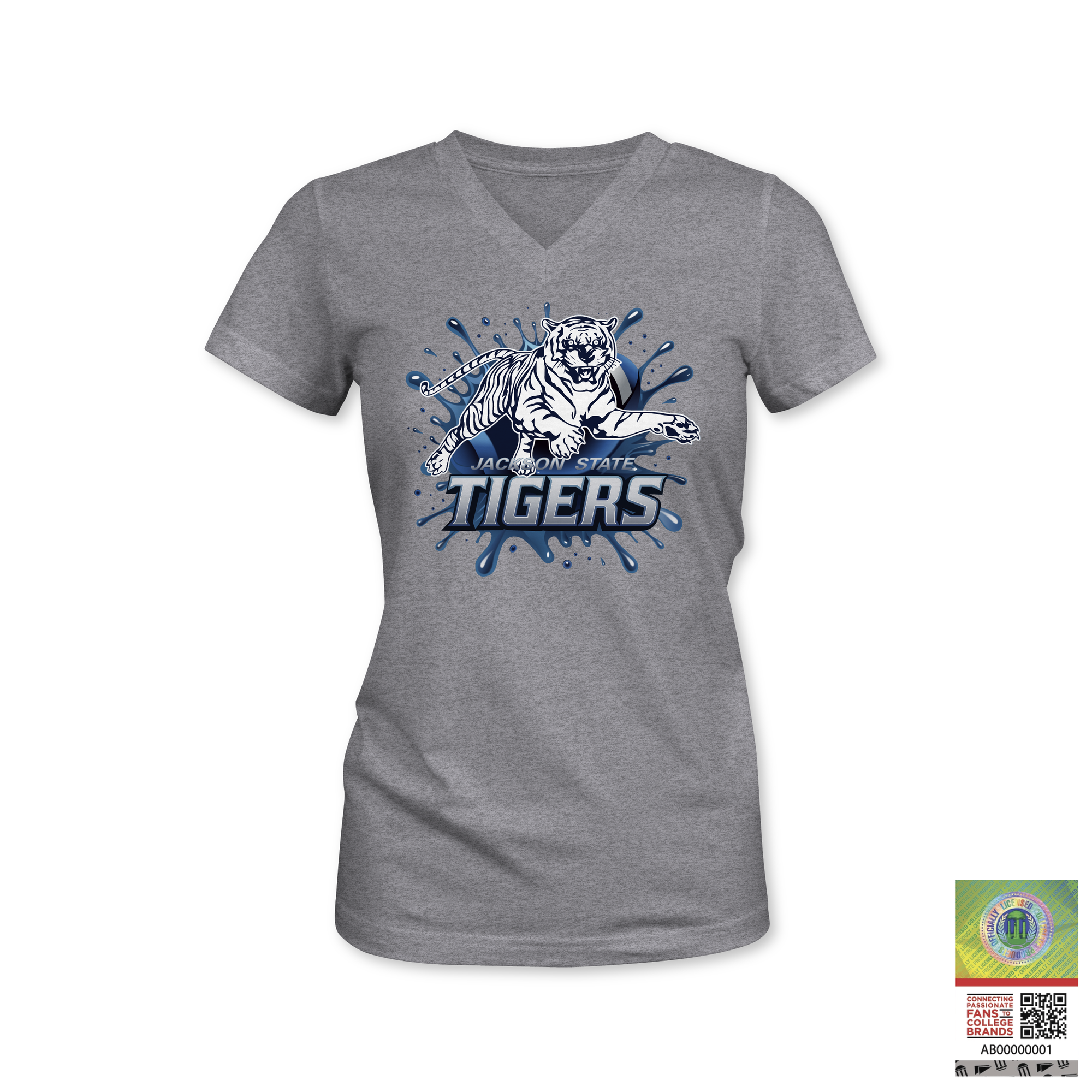 Heather gray v-neck T-shirt with blue Tiger graphic