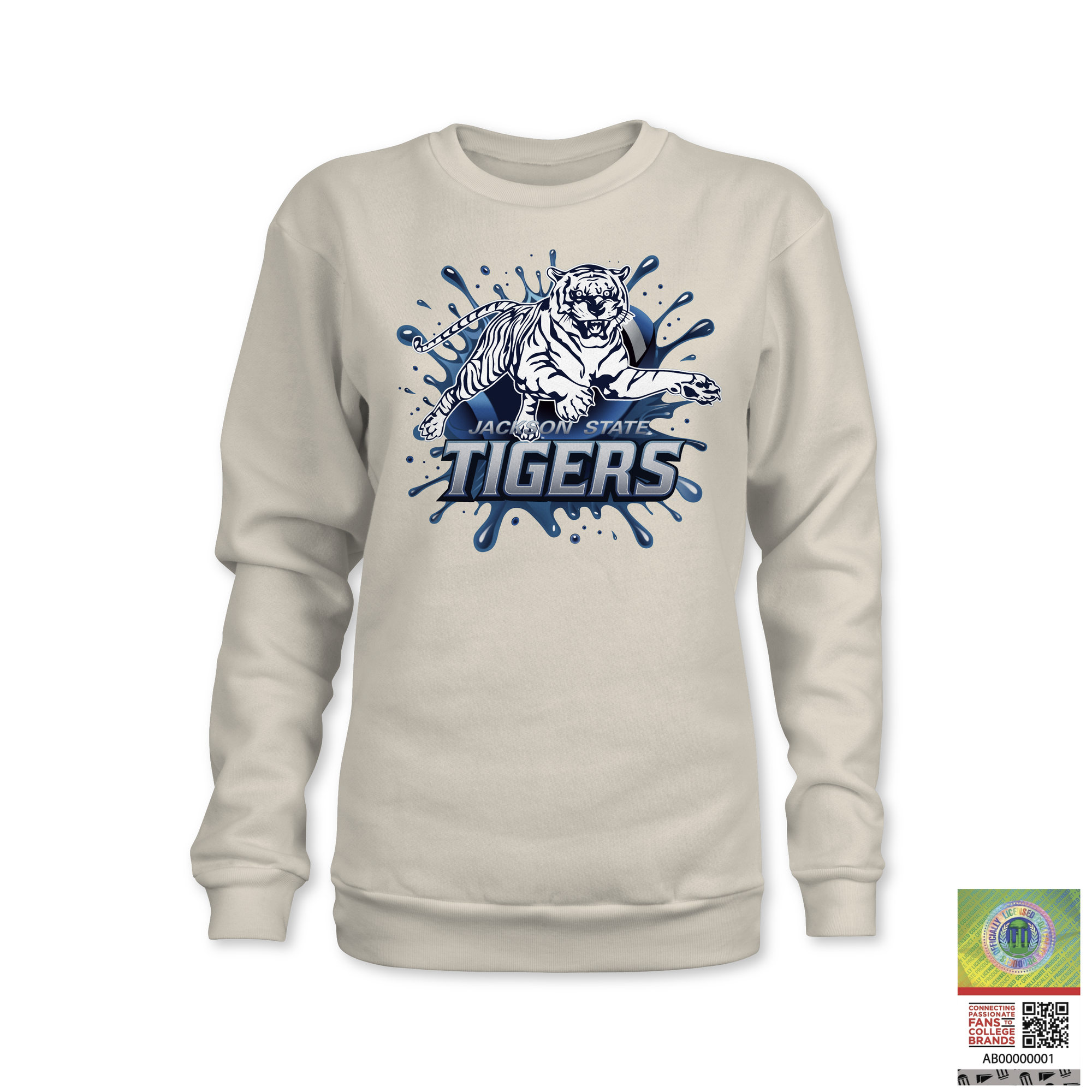 Ivory crewneck sweatshirt with blue Tigers tiger mascot graphic