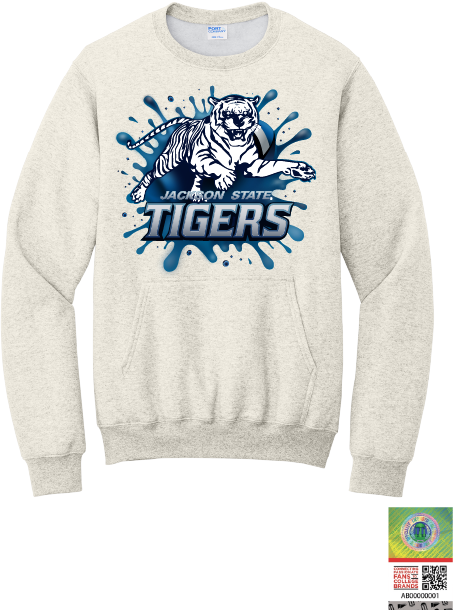 Natural crewneck sweatshirt with front pouch pocket and blue Tiger graphic