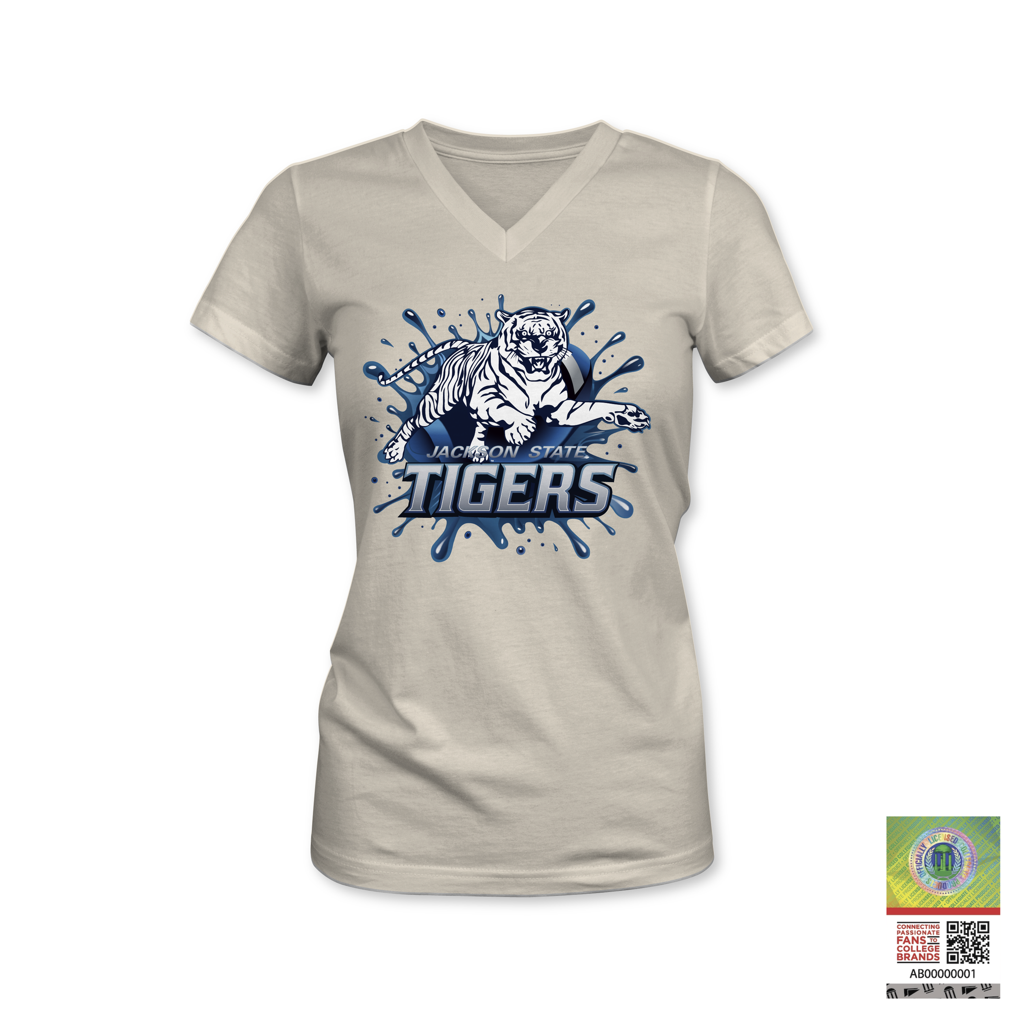 Light heather V-neck Jackson State Tigers short-sleeve T-shirt with blue splash logo