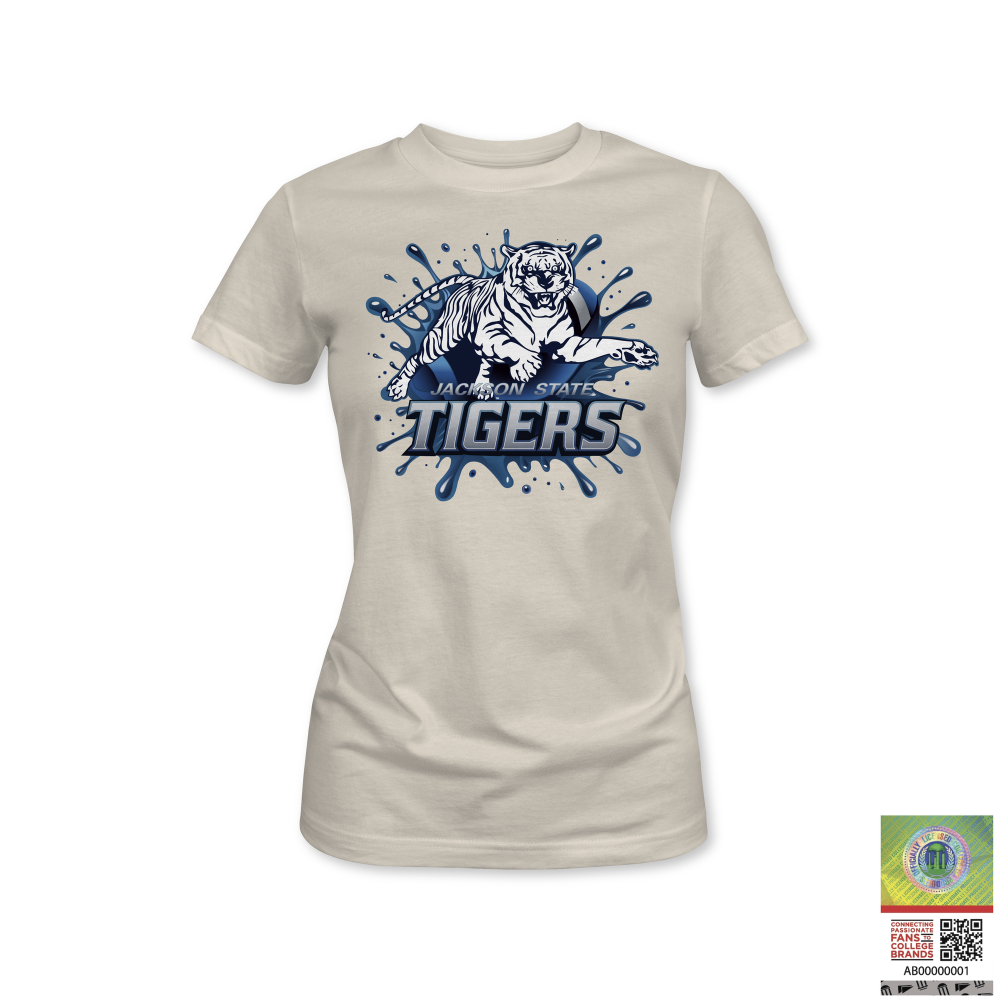 Light tan Jackson State Tigers short-sleeve T-shirt with blue splash graphic