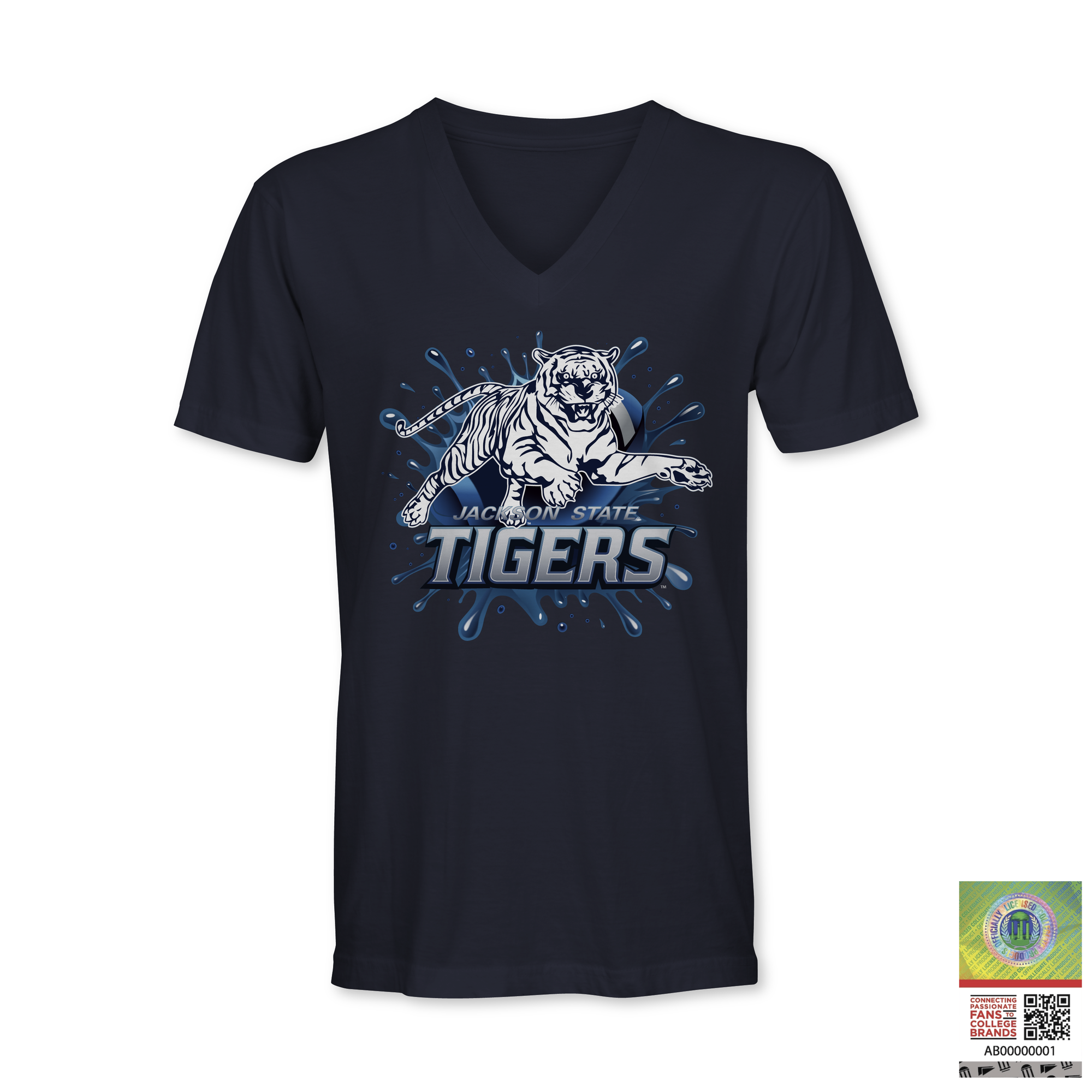 Navy V-neck short sleeve T-shirt with blue tiger “TIGERS” logo graphic