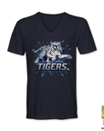 Navy V-neck short sleeve T-shirt with blue tiger “TIGERS” logo graphic