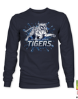 Navy long sleeve T-shirt with blue tiger “TIGERS” logo graphic
