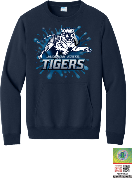 Navy crewneck sweatshirt with front pouch pocket and blue Tiger graphic