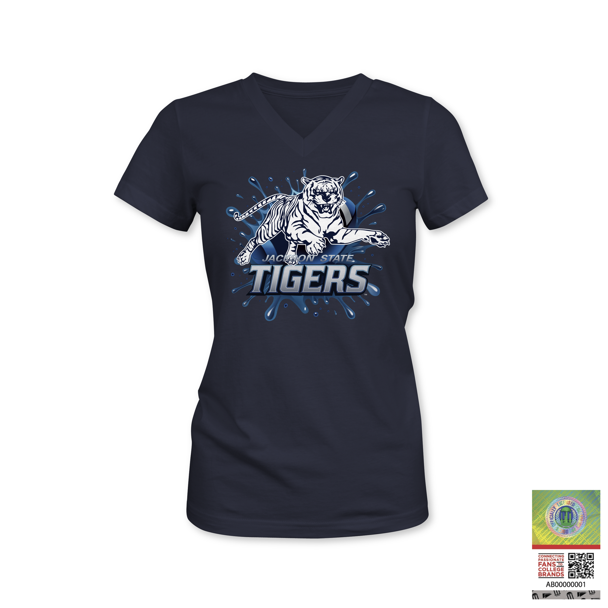 V-neck t-shirt in navy with Tiger mascot graphic and “TIGERS” logo on chest