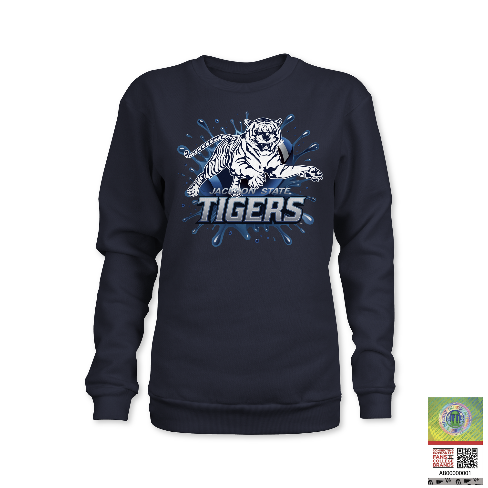 Dark crewneck sweatshirt with blue Tigers tiger mascot graphic
