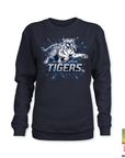 Dark crewneck sweatshirt with blue Tigers tiger mascot graphic