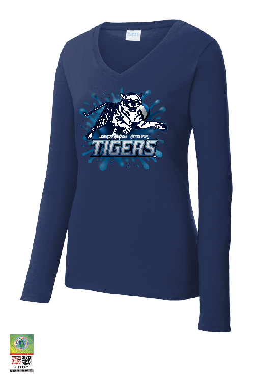 Navy Jackson State Tigers long-sleeve V-neck shirt with blue splash logo